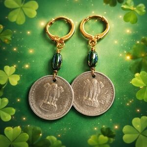 Vintage Coin Dangle Earrings – Gold Tone Hoops with Antique Style Coins & Bead A